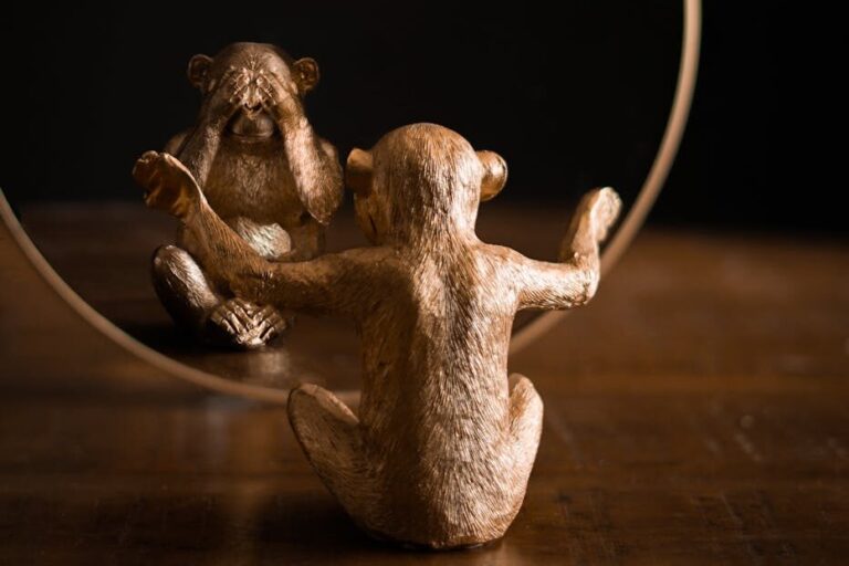Ornamental statuette in form of macaque reflecting differently in mirror on wooden table at home