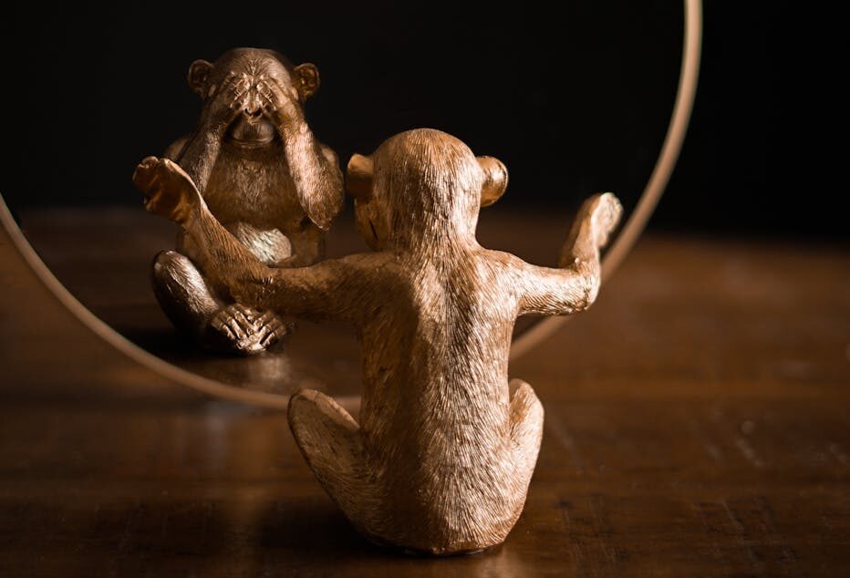 Ornamental statuette in form of macaque reflecting differently in mirror on wooden table at home