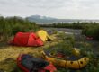 two red and yellow tents on grass